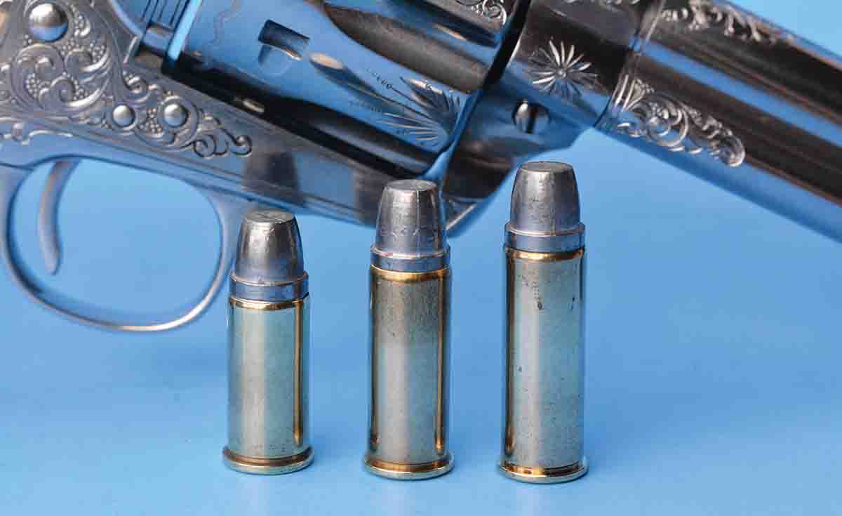 The .44 Russian (left) is the parent cartridge of the .44 Special (center), which became the parent cartridge of the .44 Magnum (right).